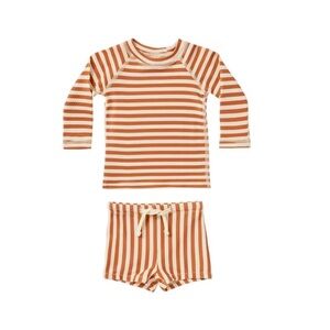 Quincy Mae Finn Rashguard Set, Clay Striped, Size 3-6 Months